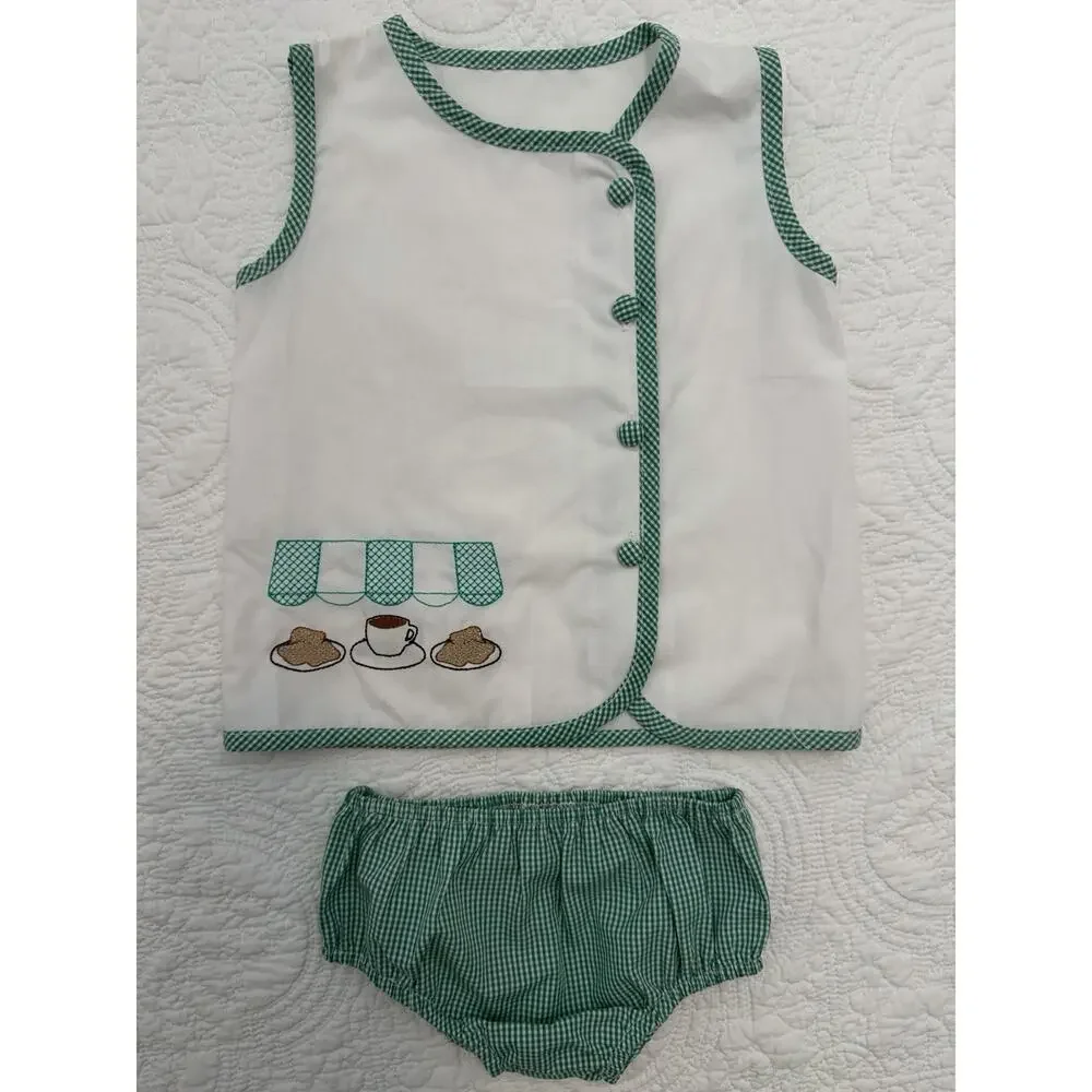 Cafe Du Monde Inspired Baby Outfit 18M New Orleans Beignet Gingham Bloomer Set